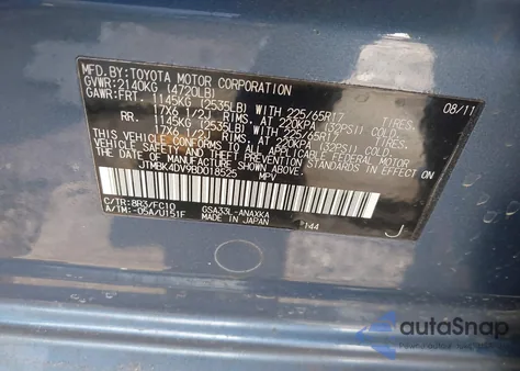 2011 Toyota Rav4 Base V6 из США, поврежденный, VIN JTMBK4DV9BD018525